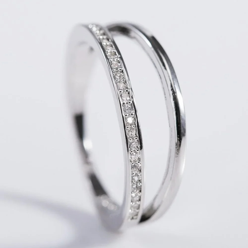 Dainty Zircon Micro Pave Double Layer Silver Ring for Women, VIP120